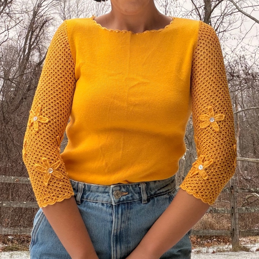 Vintage Yellow Crochet Knit Long Sleeve Top